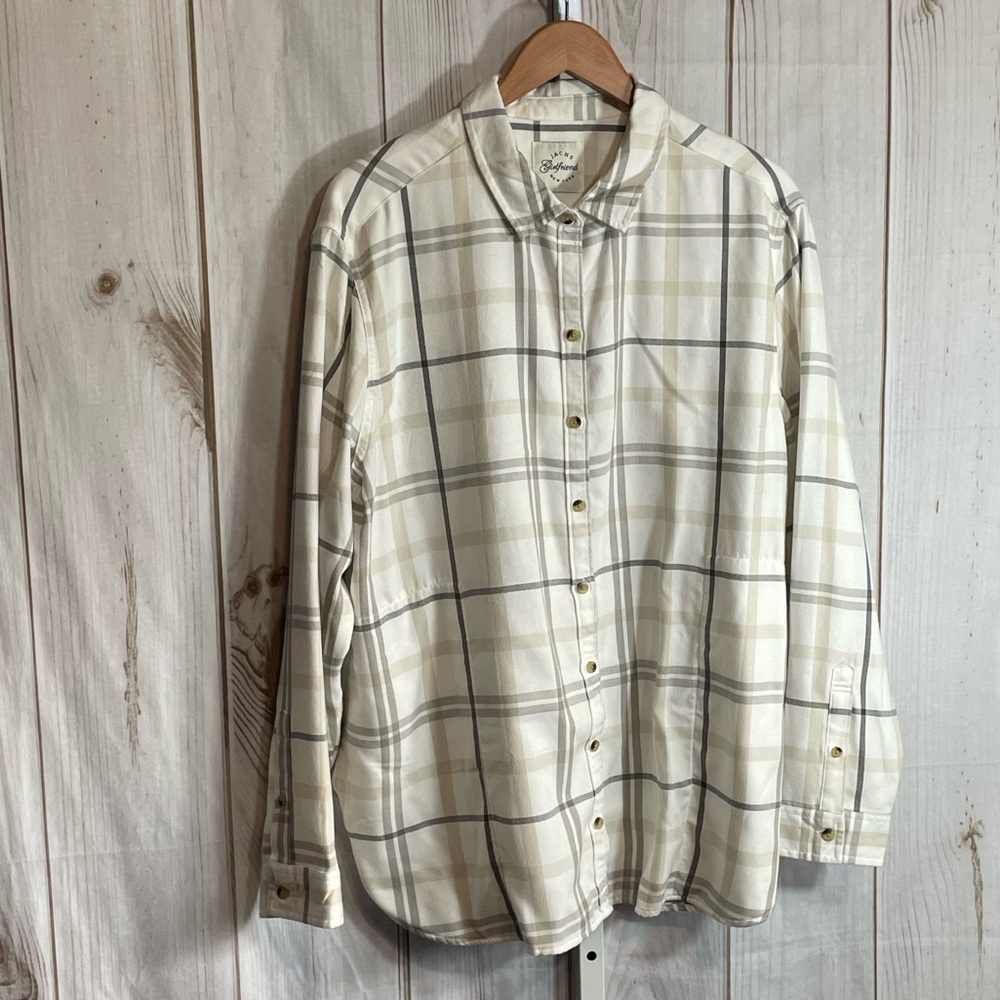 Misses Plaid Brushed Long Sleeve Shirt Button Front Cream Side Pockets XXL NEW